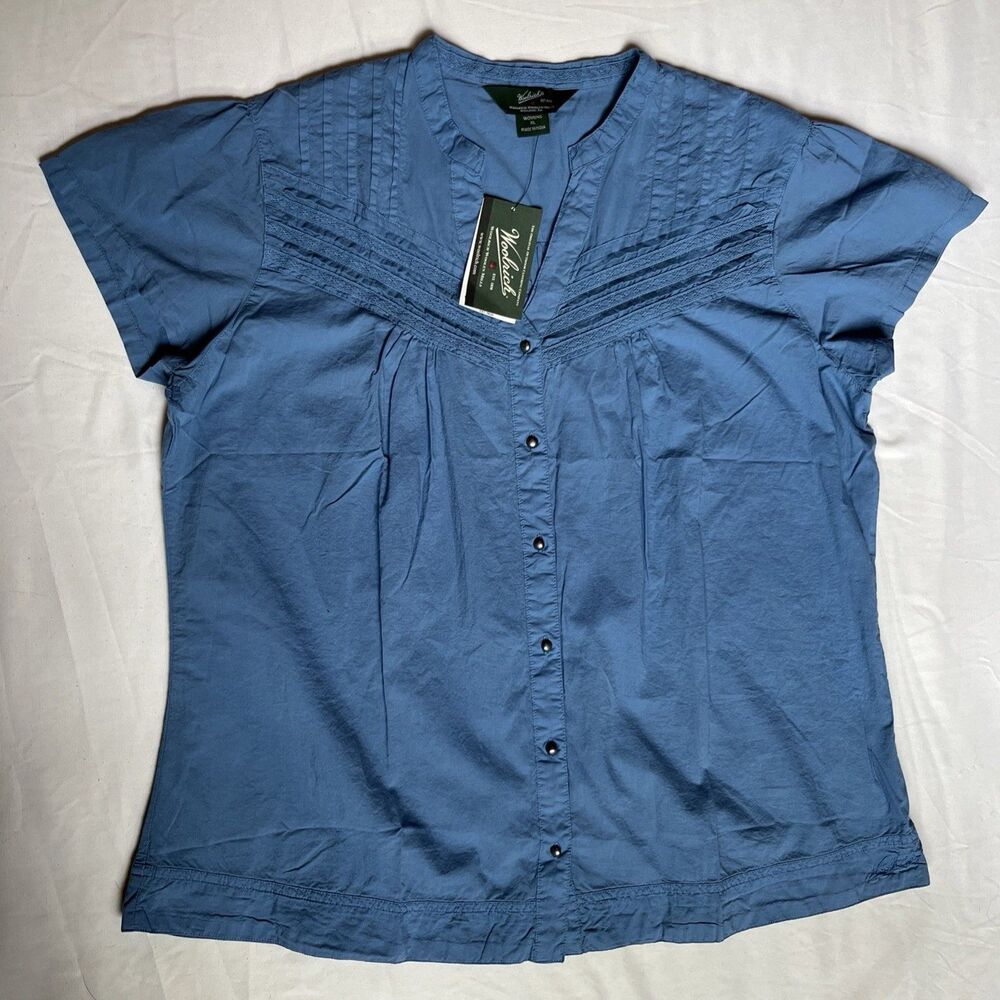 Woolrich Blue Peasant Pin Tuck Lace Cotton Cap Sleeve Button Up Blouse sz XL